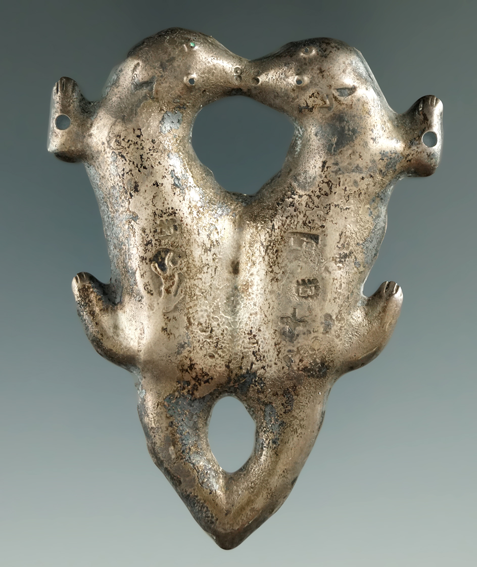 Pictured! 2 5/8" Kissing Otters Pendant made from silver or brass circa 1750-1840 - New York.