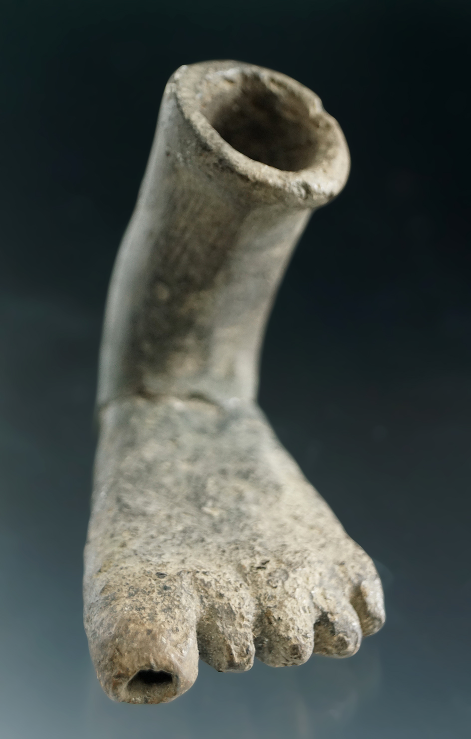 Rare style! 2 3/8" foot effigy clay pipe - Ontario Co., New York. Minimal restoration at elbow area.