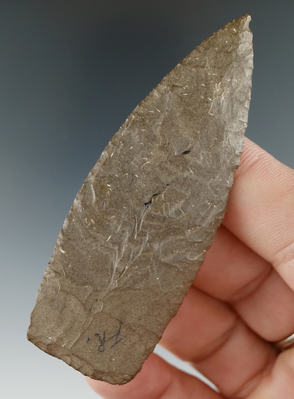 Thin and well flaked 3 1/16" Paleo Lanceolate found in Allegheny Co., New York.   Ex. Howdy Lang.