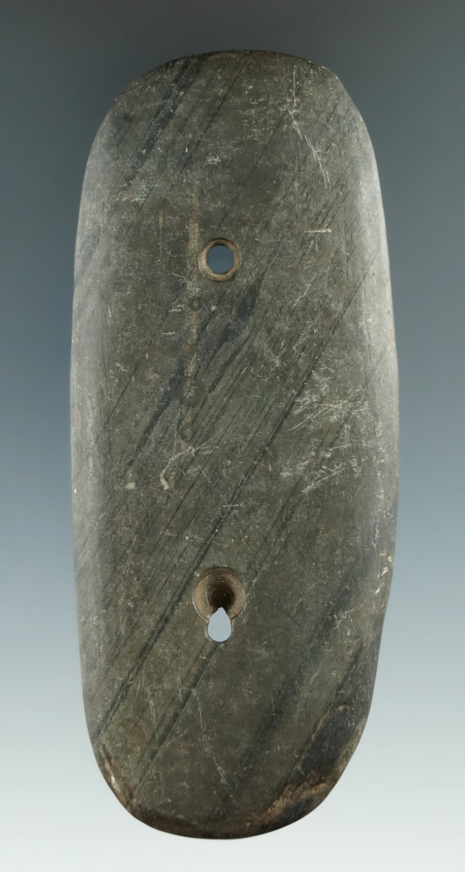 3 15/16" Gorget found in Wyoming Co., New York made from banded glacial slate..