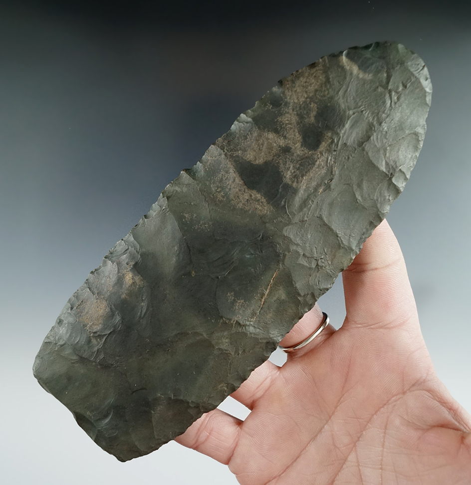 Big and nice! 6 1/8" green Normanskill Flint Paleo Blade found in New York.