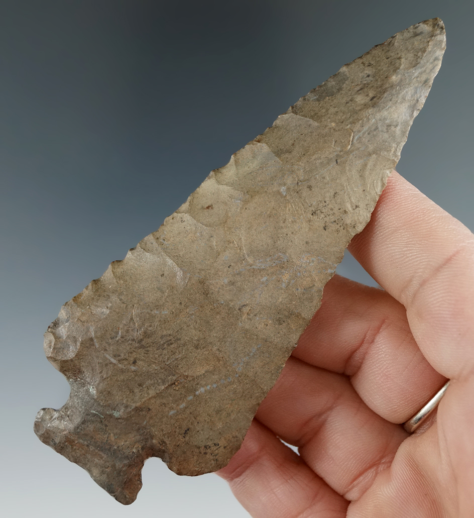 4 1/16" Archaic Cornernotch Bevel found in  Chautauqua Co., New York. Restored base.