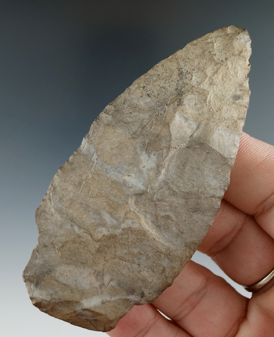 3 3/8" Adena made from Onondaga Flint found near Red Creek Run,, Allegheny Co., New York.