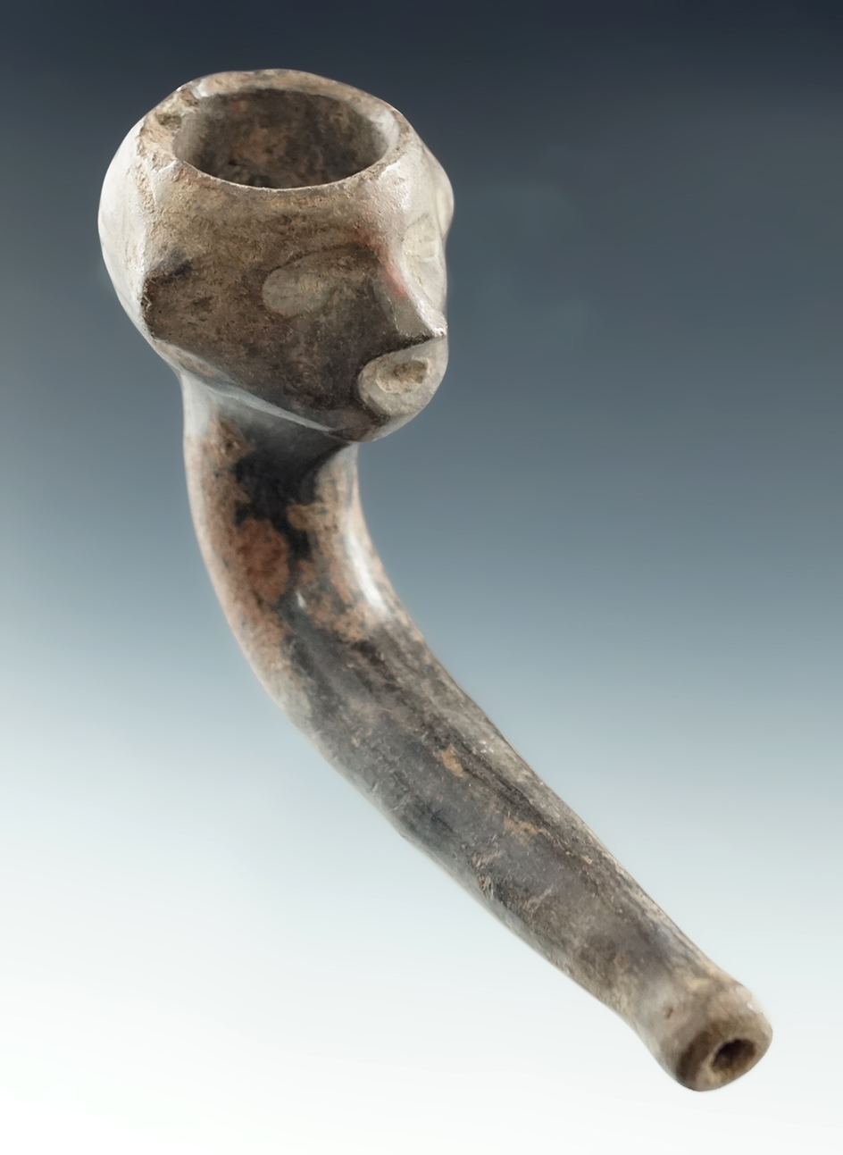 3 1/4" long human effigy ring bowl clay pipe with no restoration. Found in Ontario Co., New York.