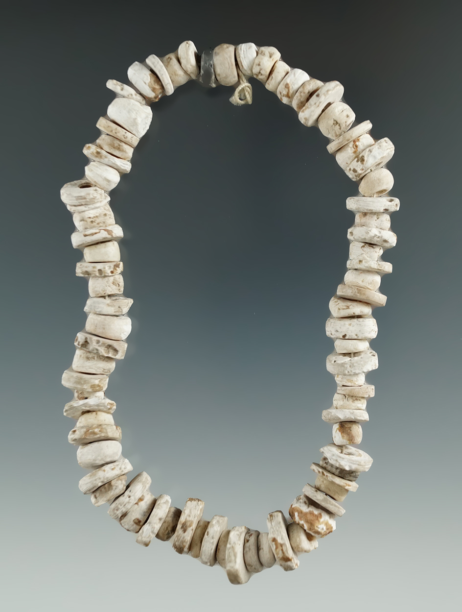 11" long strand of drilled shell beads found in Livingston Co., New York.