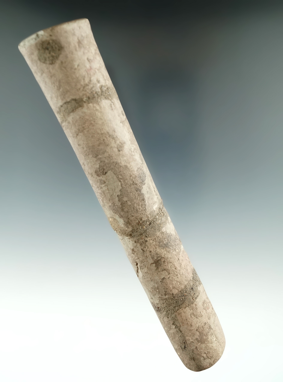 6 1/16" Adena blocked end tube pipe found in Seneca Co., New York. Glued in 3 places.