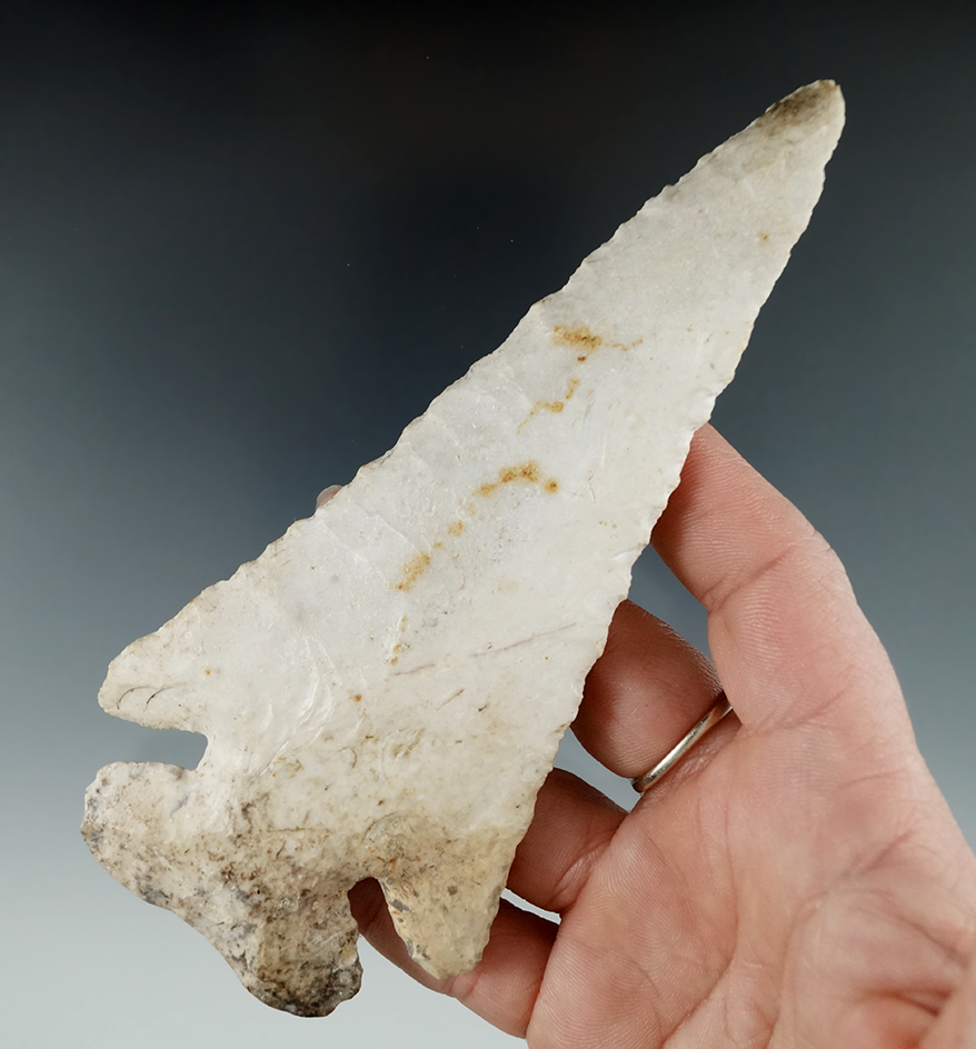 Large! 5 5/8" Thebes with restoration to one barb. Found in Southern Michigan.