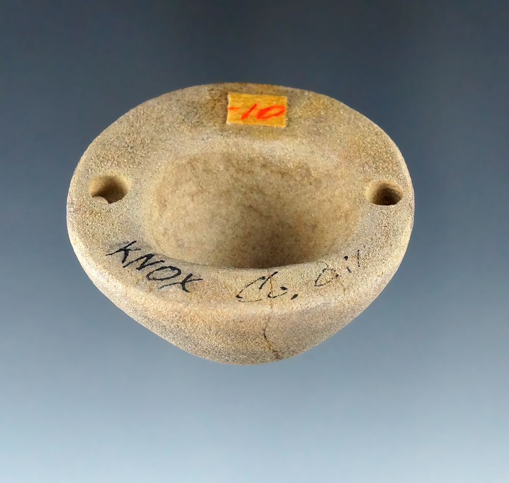 1 13/16" Drilled Sandstone Loafstone with a deeply scooped bottom, Knox Co., Ohio.