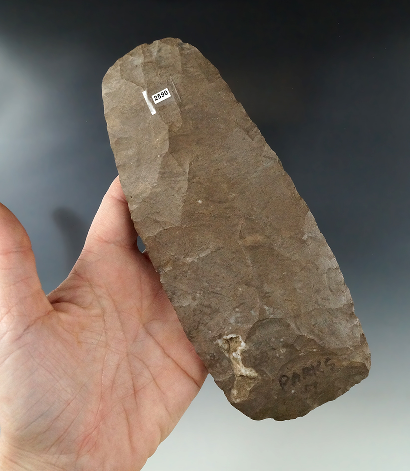 6 1/2" Flint Hoe made from Dover Flint, found in Wabash, Indiana. Ex. Cameron Parks.