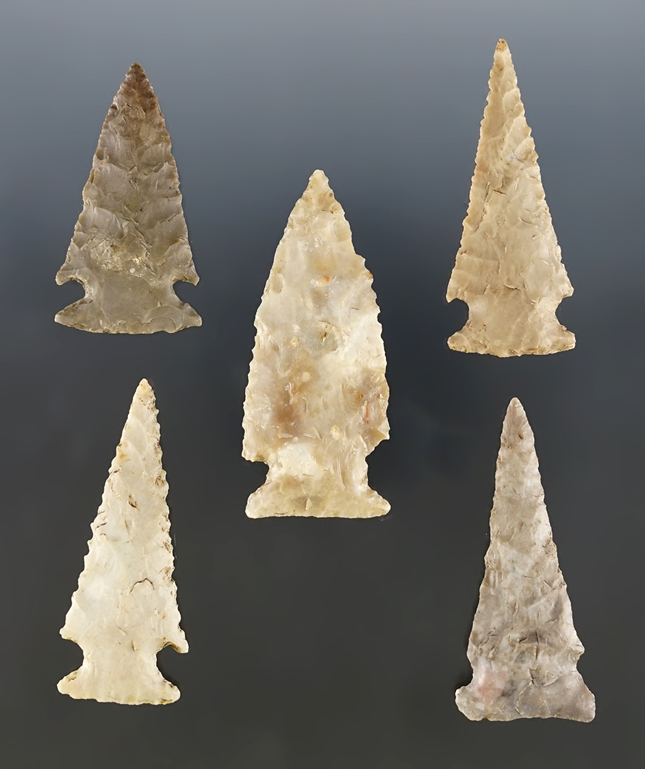 Set of 5 classic Texas Ensor points. The largest is 2 1/4". Certificate of Museum Deaccession. 