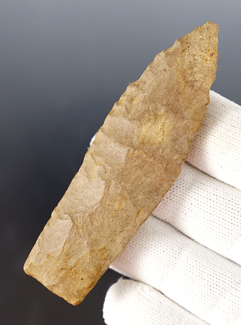 3 1/4" Lanceolate found in Kentucky. Very heavy grinding to the stem sides and basal area.