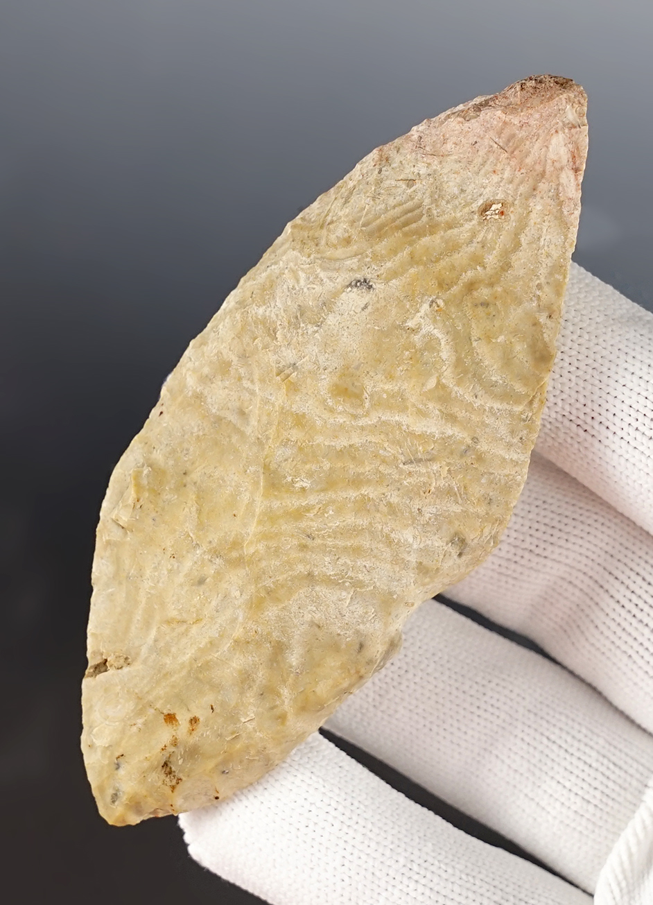 3 3/4" Harahey Knife made from Kay County Chert. Found by Don Bone, near the Arkansas River, Sedgewick Co., Kansas. Ex. Lewis Eulert.