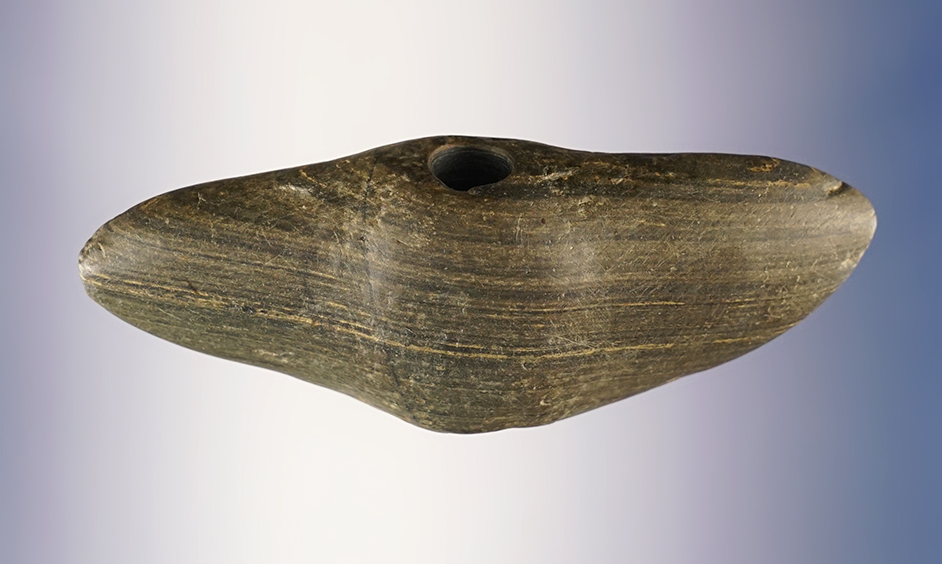 4 7/16" Bannerstone found in Pickaway Co., Ohio. Made from nicely patinated Banded Slate.