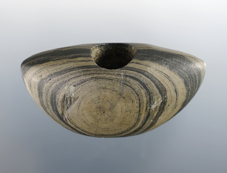  2 1/8" miniature highly banded Wing Bannerstone found in Seneca Co., Ohio. Ex. Mike Kiel.