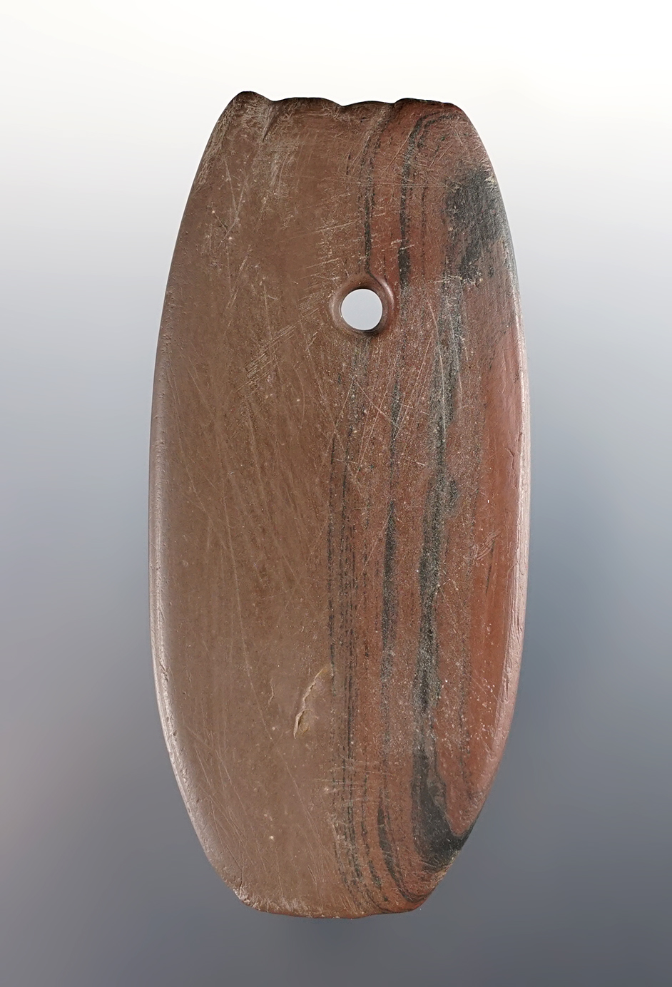 3 3/8" Pendant made from  Banded Slate with tallies/fringes on the top. Found in Wood Co., Ohio.