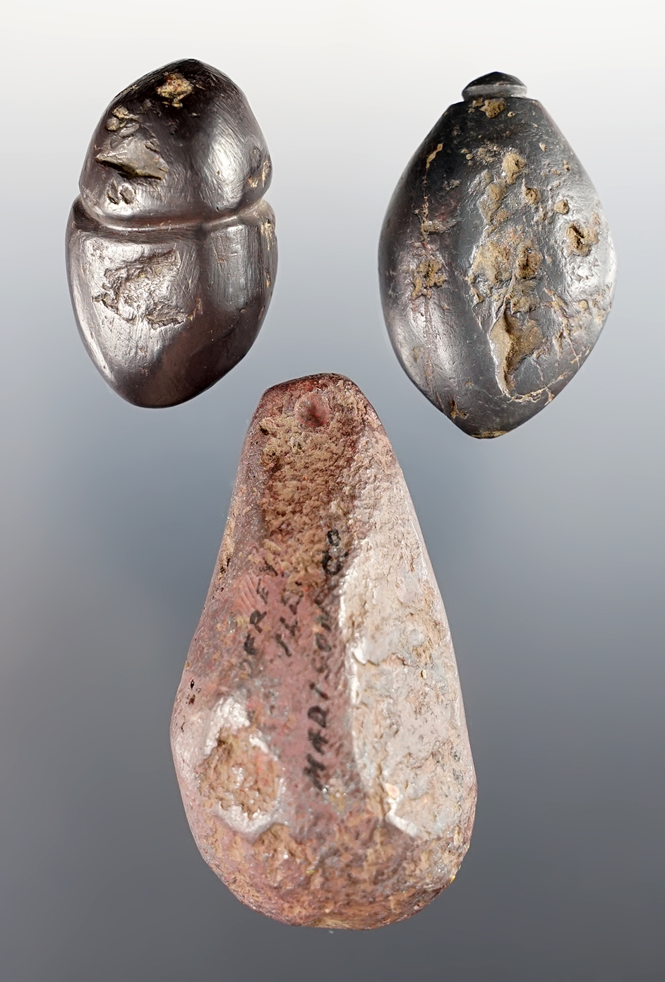 Nice set of 3 Hematite Plumets found in Illinois. 