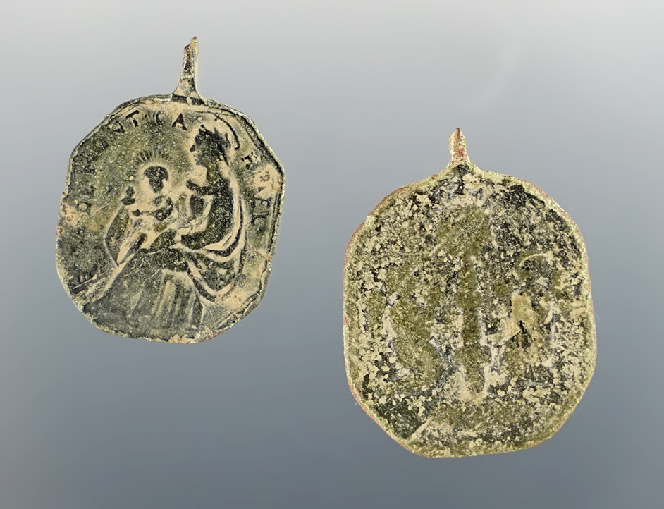 Pair of Jesuit Medals found at the White Springs Site in Geneva, New York. The largest is 7/8".