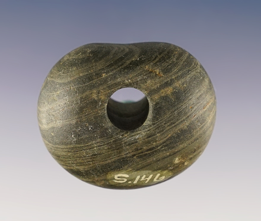 1 5/16" Miniature Fluted Ball Bannerstone made from vivid Banded Slate. Ohio/Indiana area.