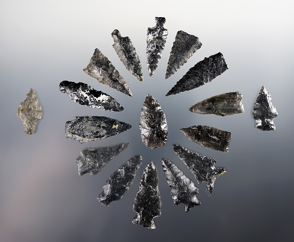 Set of 17 Obsidian points found in Oregon in the 1960's. The largest is 1 9/16".