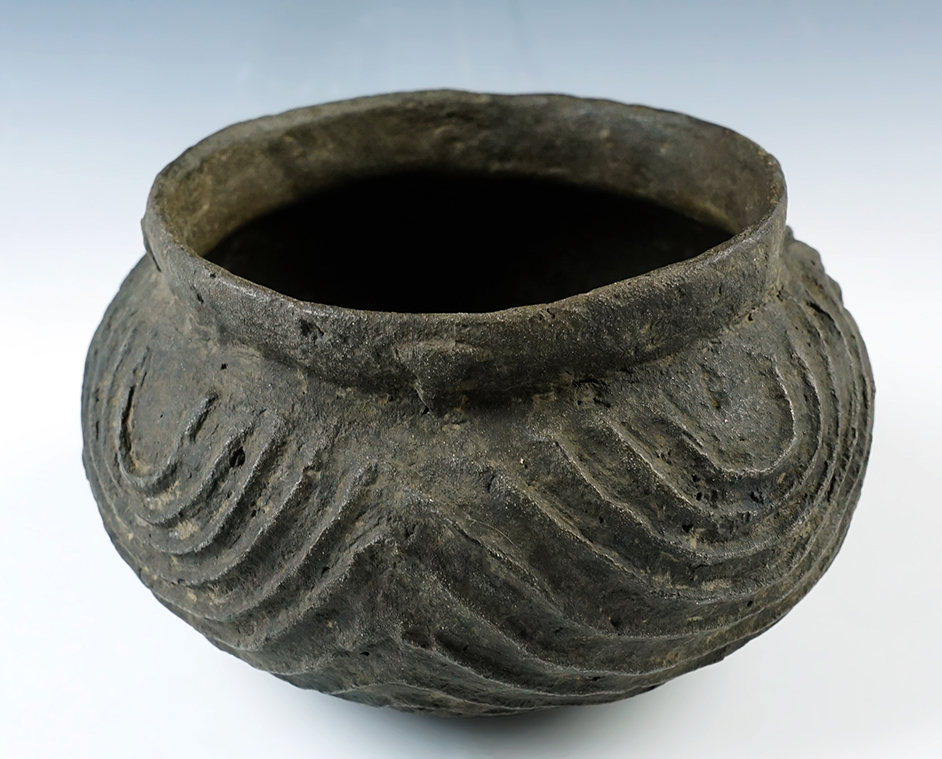 6 1/4" wide x 3 5/8" tall heavily restored Mississippian Vernon Paul Applique Jar, Arkansas. 