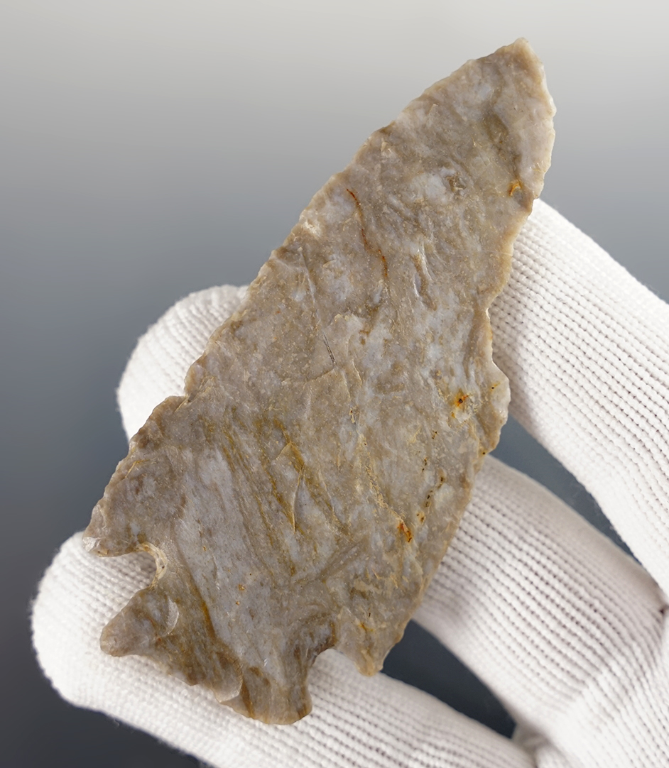 3" Coshocton Flint Kirk Cornernotch with a Shaft Scraper worked into one blade edge, Ohio. 