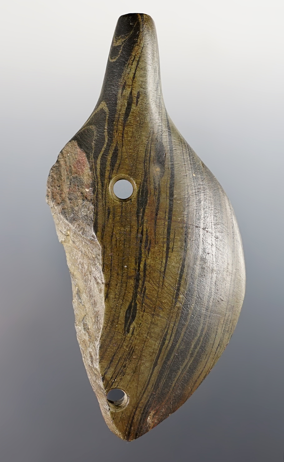 4 1/4" Animal/Lizard Style Banded Slate Birdstone. Found in Noble Co., Indiana. Ex. C. Parks. 
