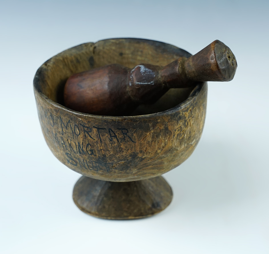 Hand-carved Eskimo Mortar and Pestle made from wood, bowl is 3 5/8" tall. Alaska. 