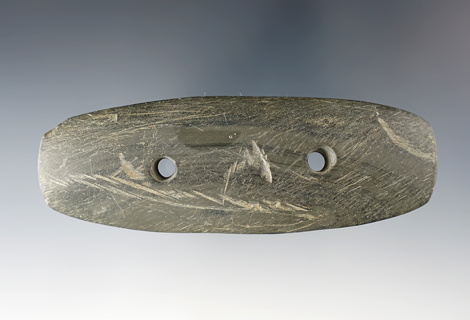 4 1/8" Hopewell Gorget made from patinated Banded Slate. Found in Summit Co., Ohio.