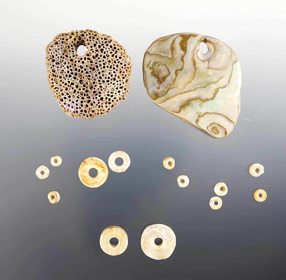 Set of 13 Beads and 2 Pendants made from Shell. Found in Colusa Co., California. 