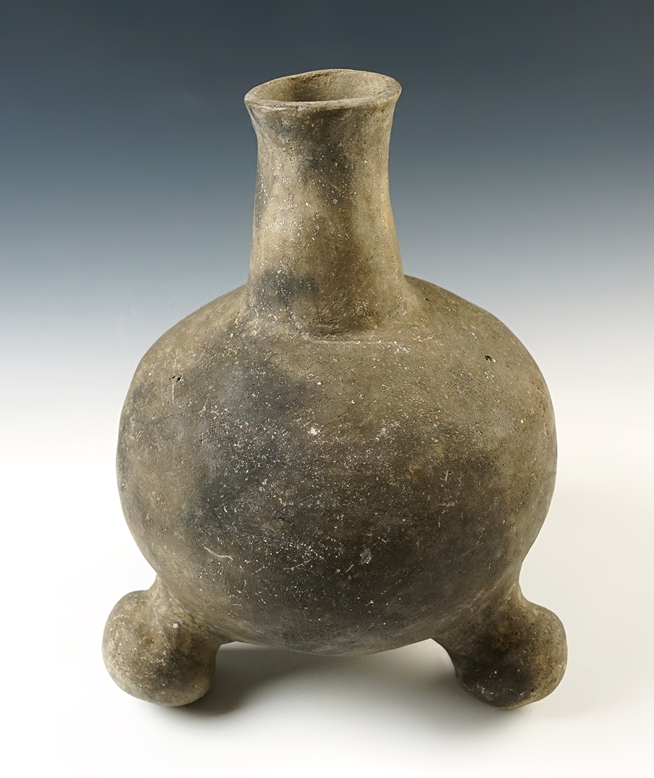 10 1/2" tall Tri-leg Mississippian Bottle recovered in Arkansas with restoration to several areas.