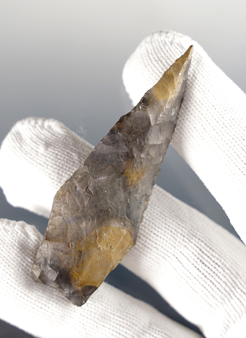 Classic style 2 1/2" Angostura with heavily ground lower edges, recovered in Texas.