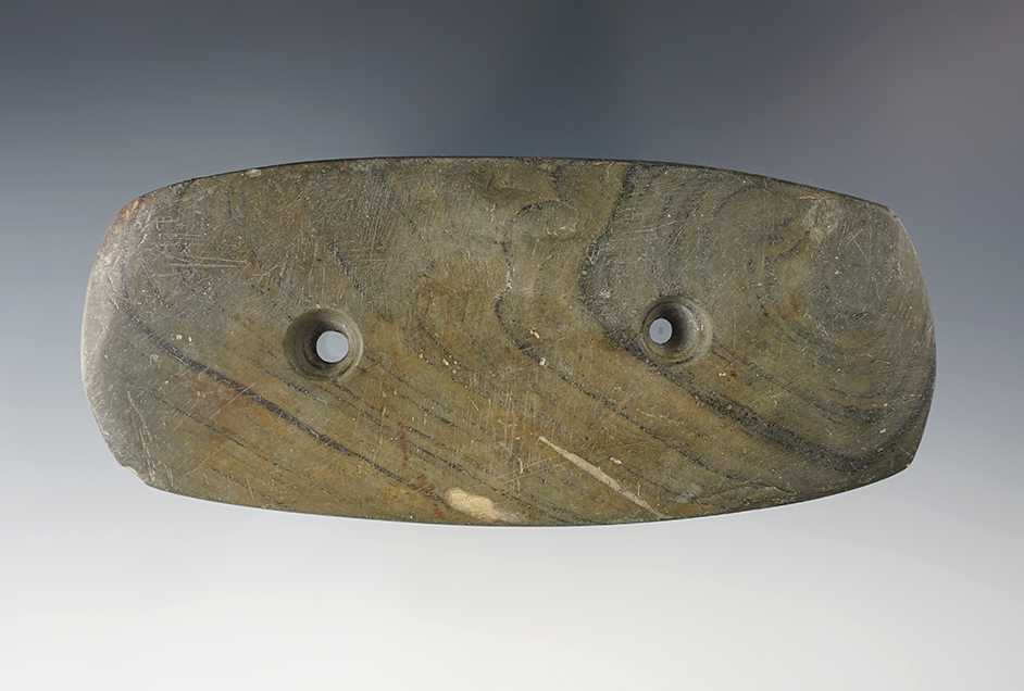 4 13/16" Rectangular Gorget made from patinated Banded Slate. Ashtabula Co., Ohio.