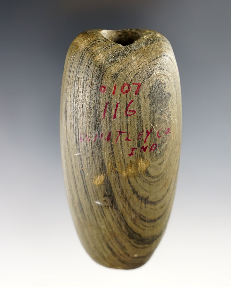 3 1/2" Fluted Tube Bannerstone found in Whitley Co., Indiana. Nicely made. Ex. Smith, Shilts.