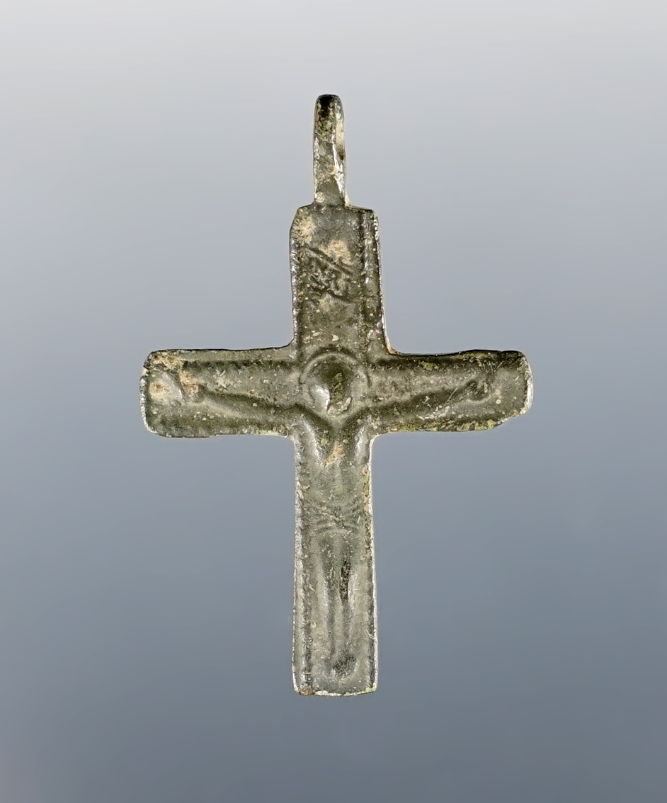 Nice 1 5/16" Jesuit Trade Cross with Jesus and Mary. Found in New York around Union Springs.
