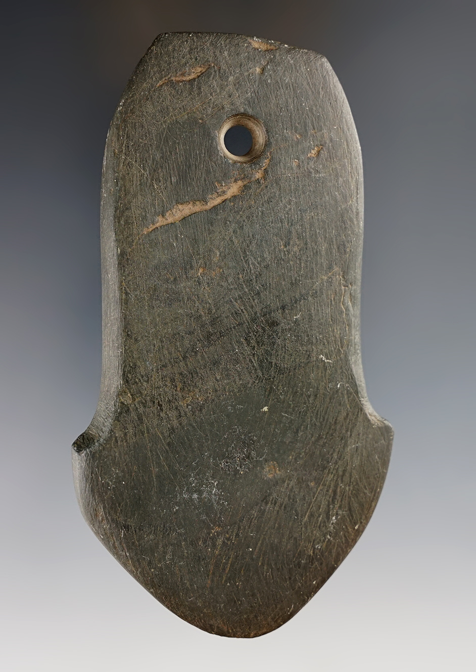 4" Anchor Pendant found in Clinton Co., Ohio. Made from black Slate. Ex. Jerre Wall. Jackson COA.