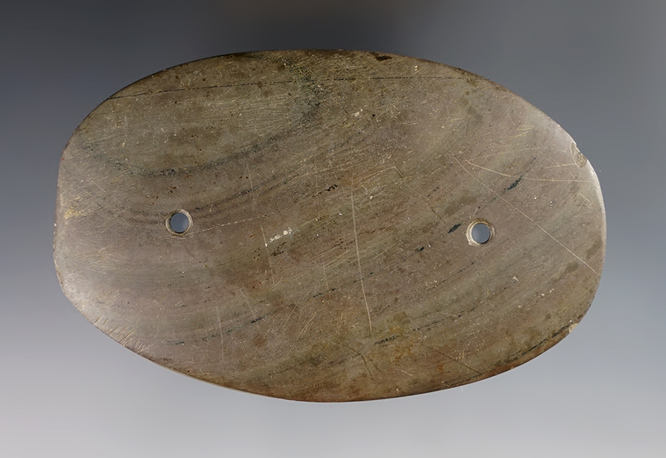 4 1/16" Oval Gorget found in Wells Co., Indiana by Dean Terhumes. Ramp catalog # O-220.