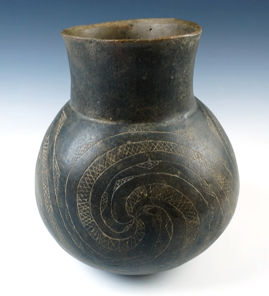 7" tall x 6 3/4" wide Restored Mississippian Walls Engraved Bottle, Pemiscot Co., Missouri in 1980. 