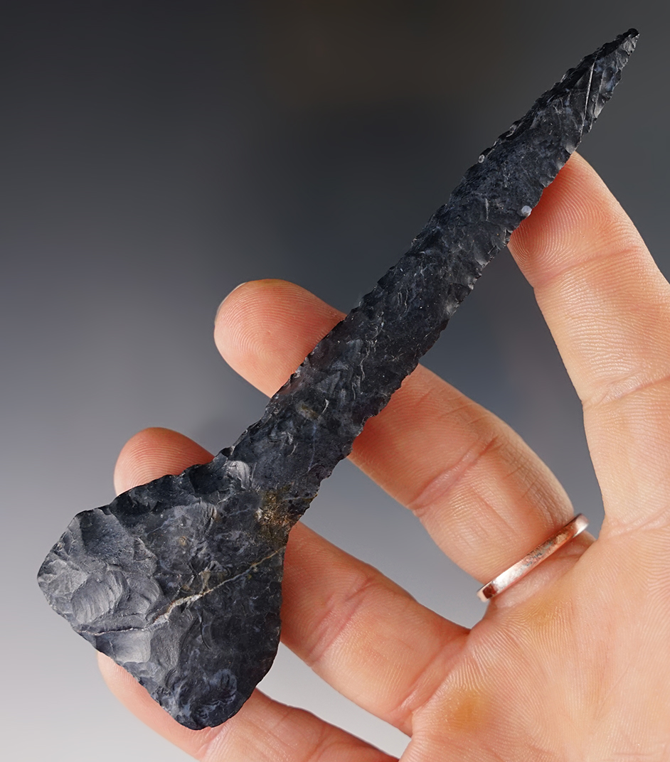 4 9/16" beautifully made Coshocton Flint Drill in perfect condition. Recovered in Franklin Co., Ohio.