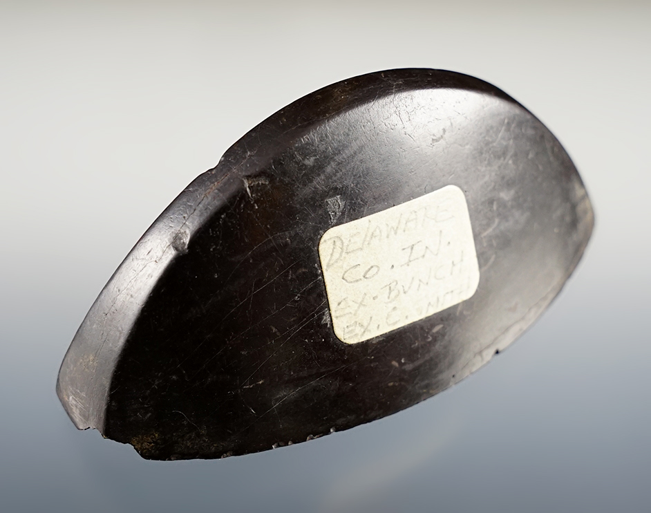 Nice 2 3/4" Boatstone that is scooped on the bottom. Found in Delaware Co., Indiana. Ex. Bunch.