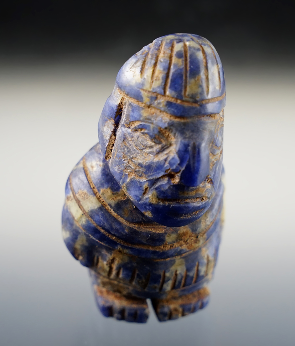 2 3/8" tall Pre-Columbian Warrior Effigy figure carved from Lapis Lazuli, South America.