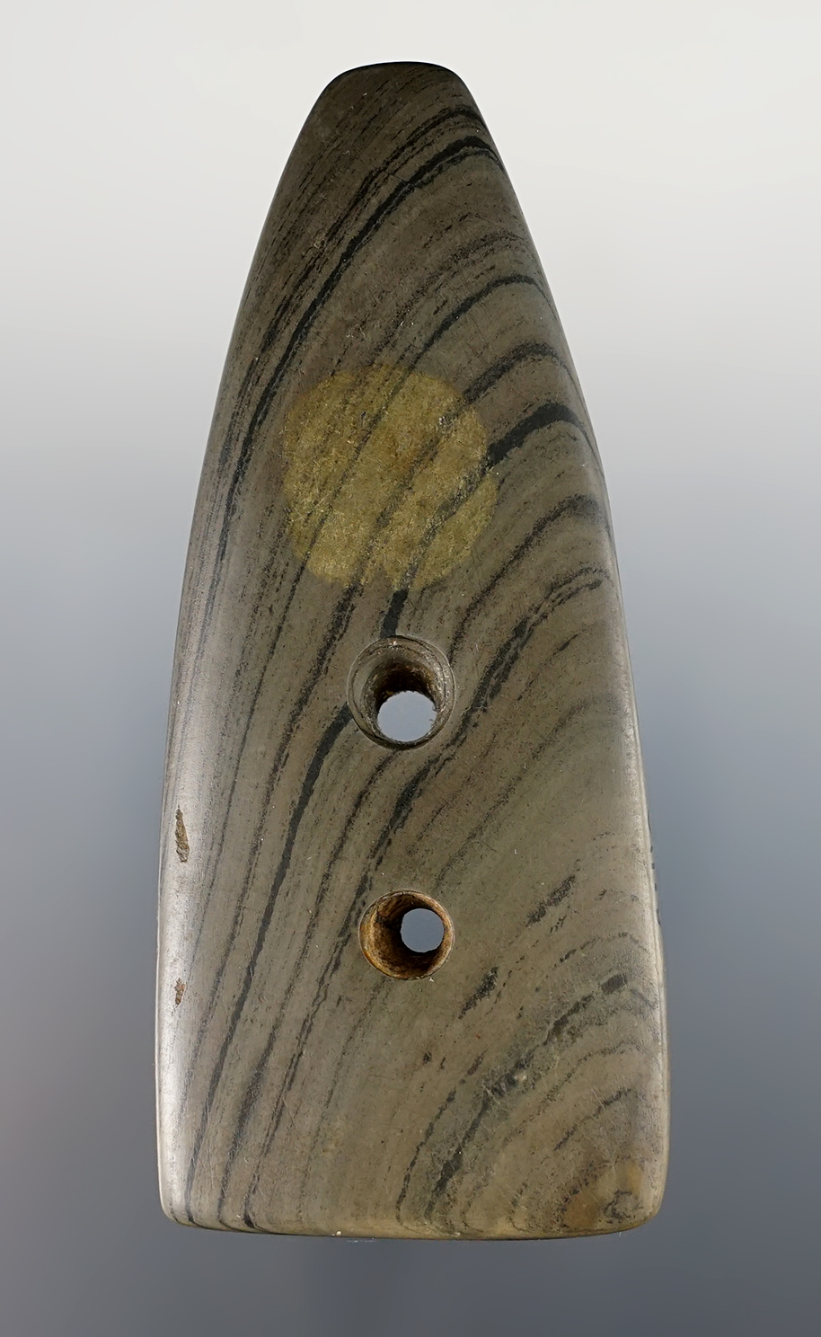 3 13/16" anciently salvaged Gorget that is made from beautiful Banded Slate.Ex. Rocky Falleti.