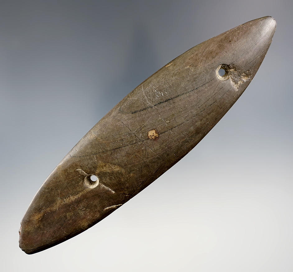 Large 6 7/16" Bi-Pointed Gorget made from patinated Banded Slate. Found in Portage Co., Ohio.