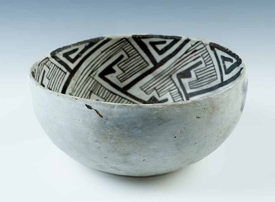 7" wide x 3 1/4" tall Anasazi Black and White Bowl with a couple pressure cracks, Arizona. 