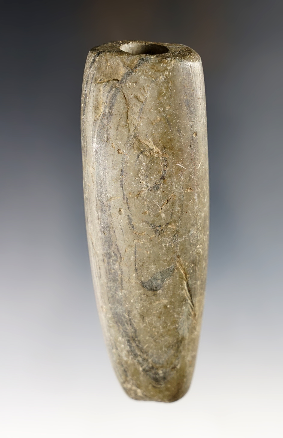 4 1/16" Ohio Tube Bannerstone made from well patinated Banded Slate. A classic example.