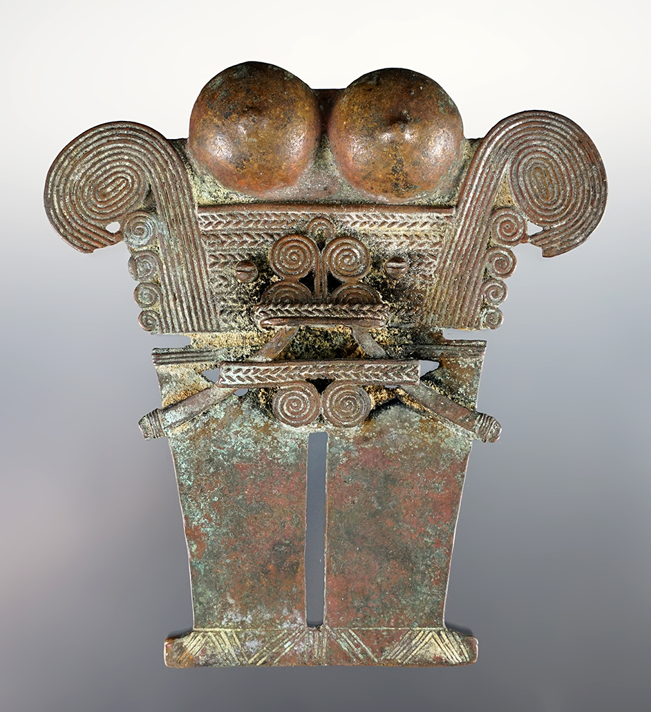 Fine 4 3/4" Tumbaga Figural Pendant, Darien culture, Colombia. Circa CE 1-500. 