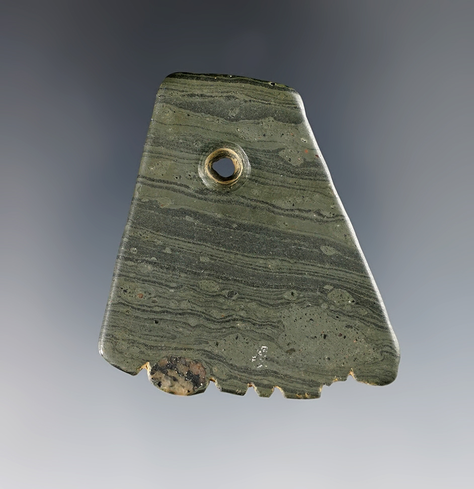 1 15/16" Fringed Pendant found in Stark Co., Ohio. Thin and nicely polished from Banded Slate.