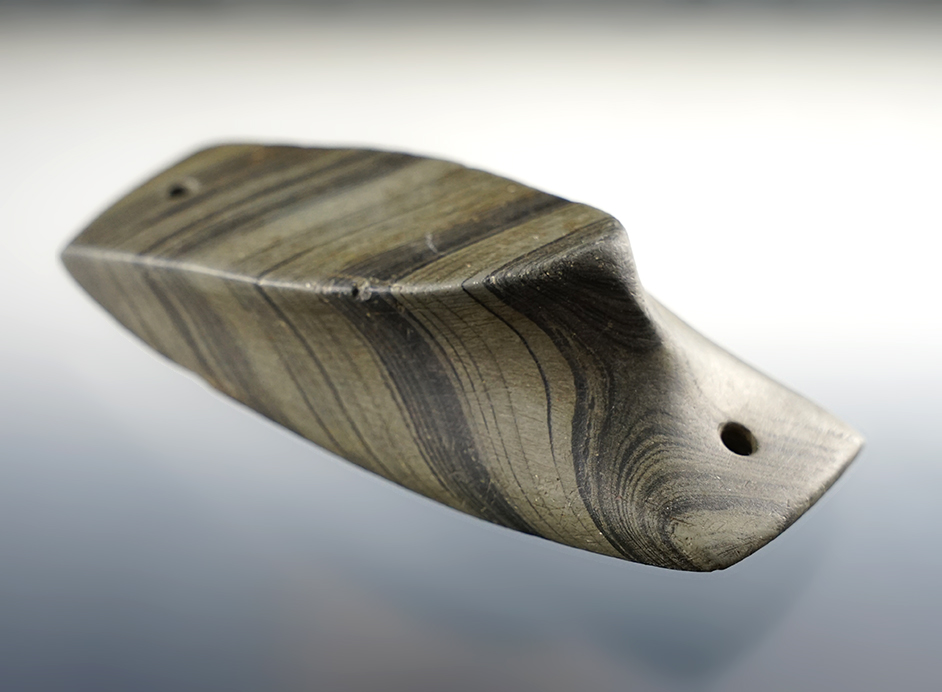 3 3/4" very unique anciently salvaged Humped Gorget that is slightly scooped on the bottom. 