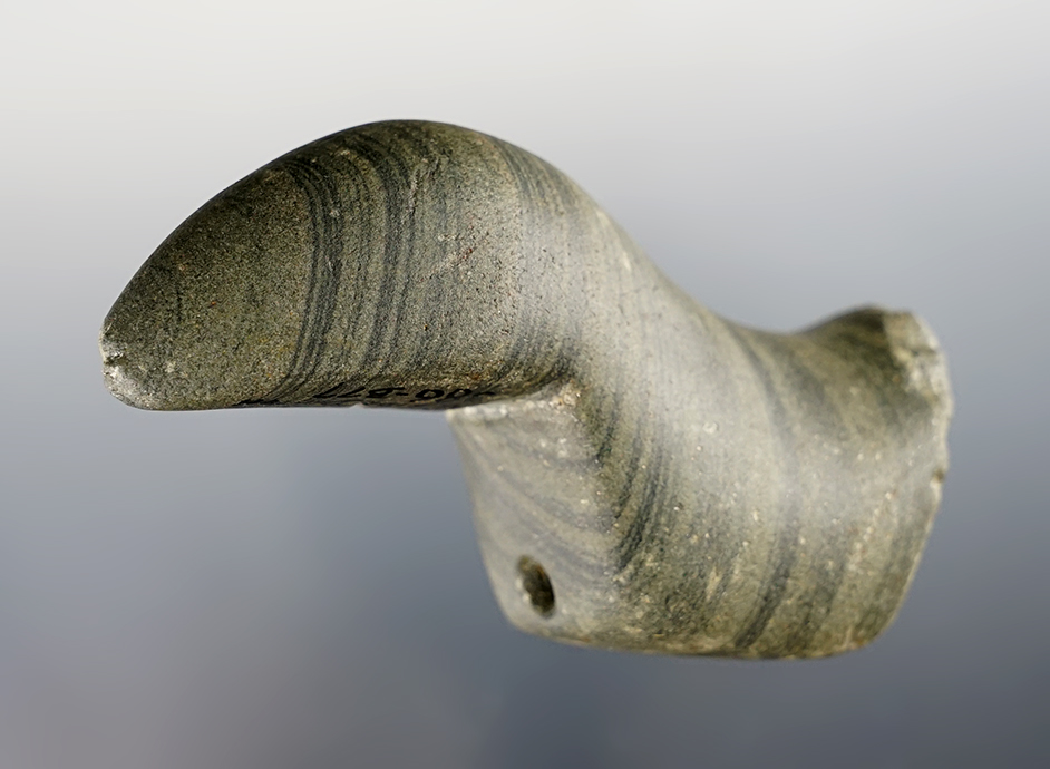 3" Birdstone that is partially drilled, made from Banded Glacial Slate, Montgomery Co., Ohio. 