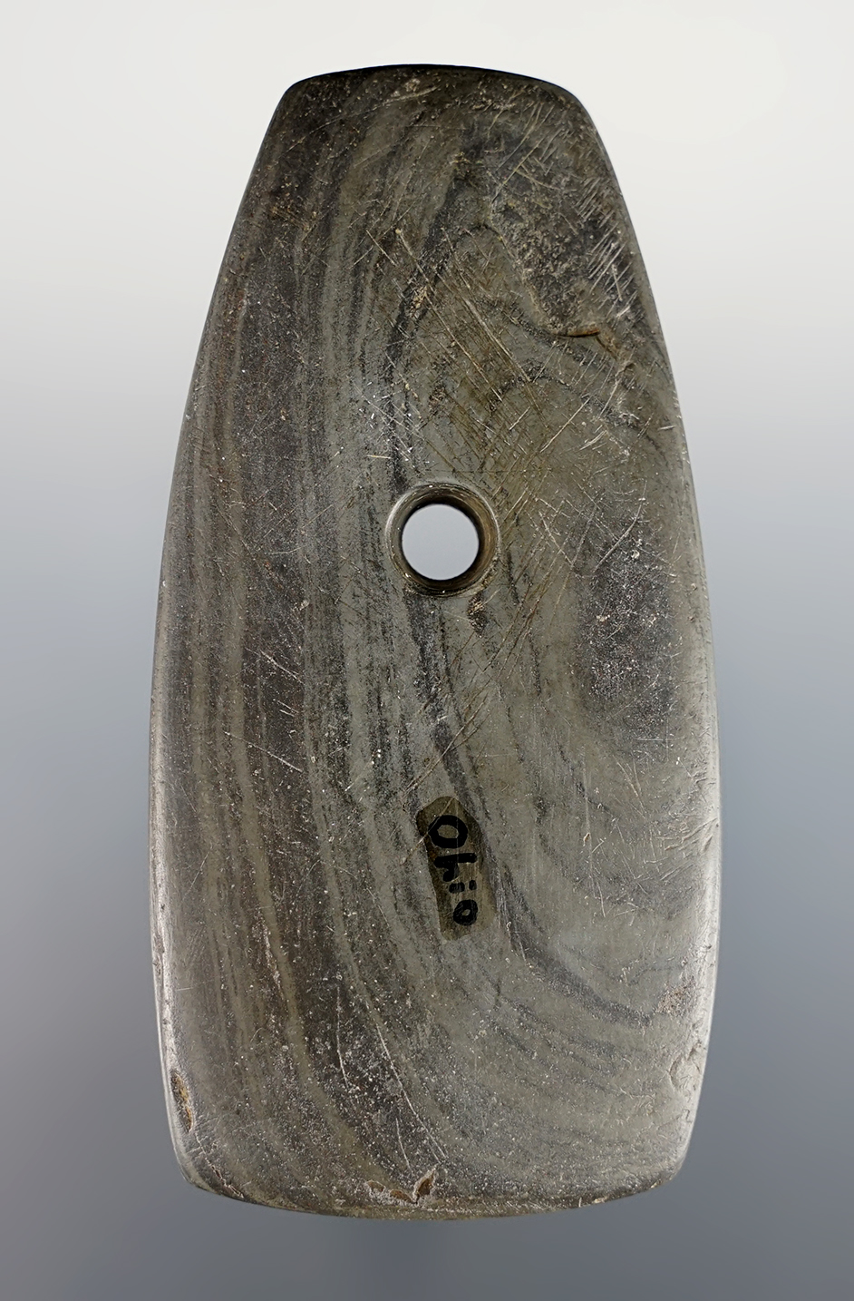 Outstanding 3 7/8" Trapezoidal Pendant found in Ohio. Made from Banded Slate. Nice form.