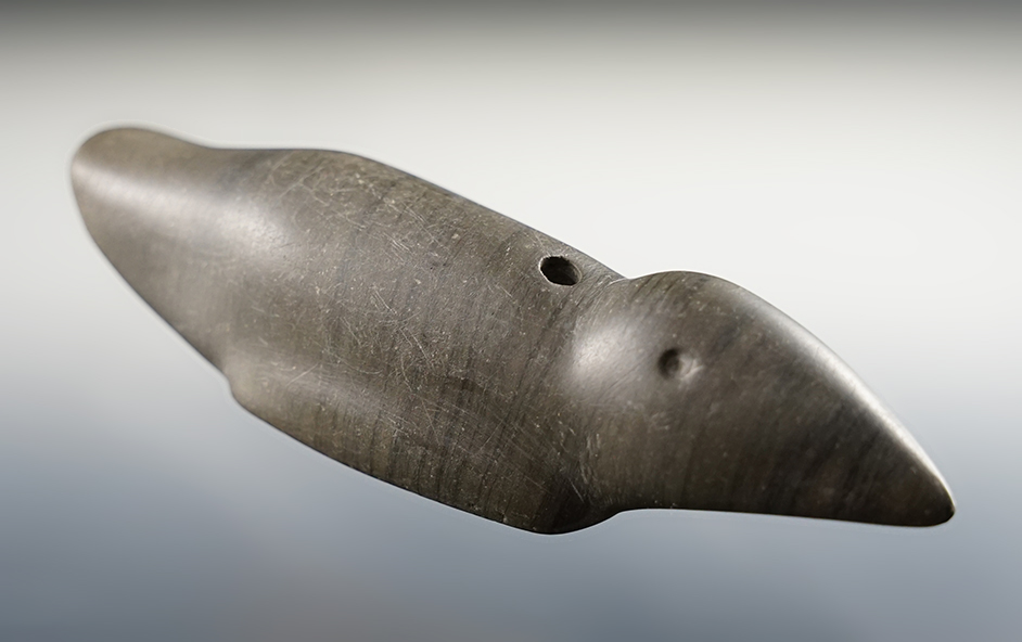 3 1/2" uniquely styled Birdstone with one fully drilled hole and one started. Crawford Co., Ohio. 